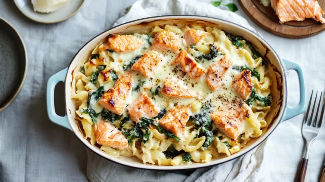 Prosta zapiekanka makaronowa z łososiem i szpinakiem, którą pokochasz
